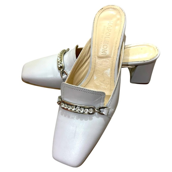 Napoleoni gray Leather Mule Heels w/ Rhinestone Chain Made in Italy Size 38 - Picture 1 of 10